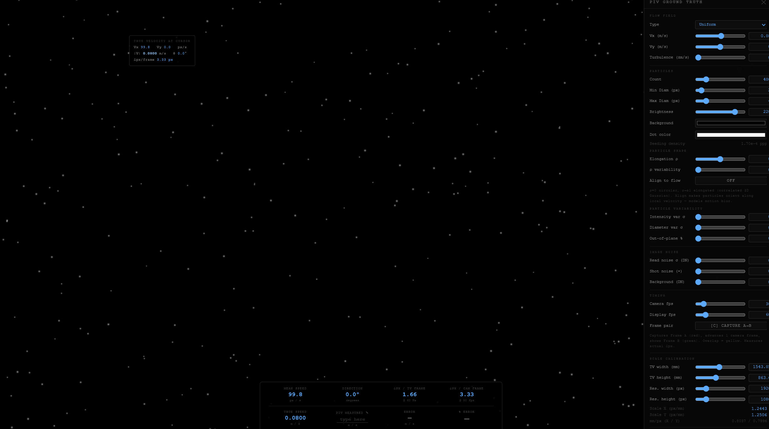 PIV simulator showing uniform flow with cursor velocity probe